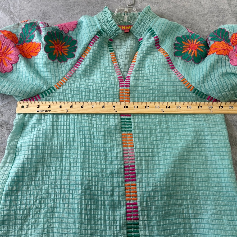 THML Aqua Blue Floral Embroidered Smocked Neck Puff Sleeve Blouse Small WCT2866 - Picture 2 of 7